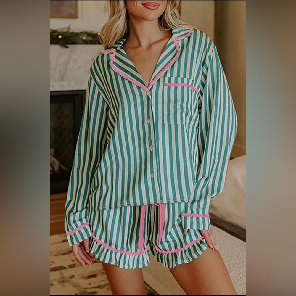 Lola- Striped Green and Pink Women's Pajama Set - Picture 2 of 4